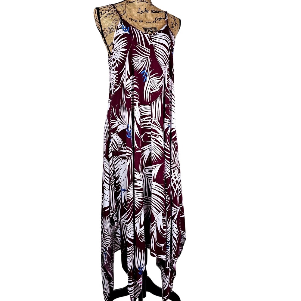 LM Beach Maxi Dress Plum‎ White Palm Tropical Leaf  Spaghetti Strap Flowy L/G
